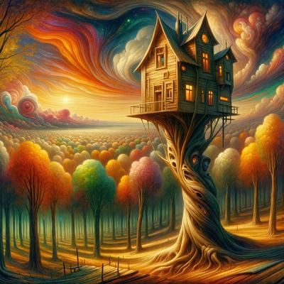 Primary subject: A house on a tree.

Setting/background: A forest with trees and a sky background.

Visual style: Digital art.

Colors and mood: The image is colorful and has a whimsical, surreal mood.